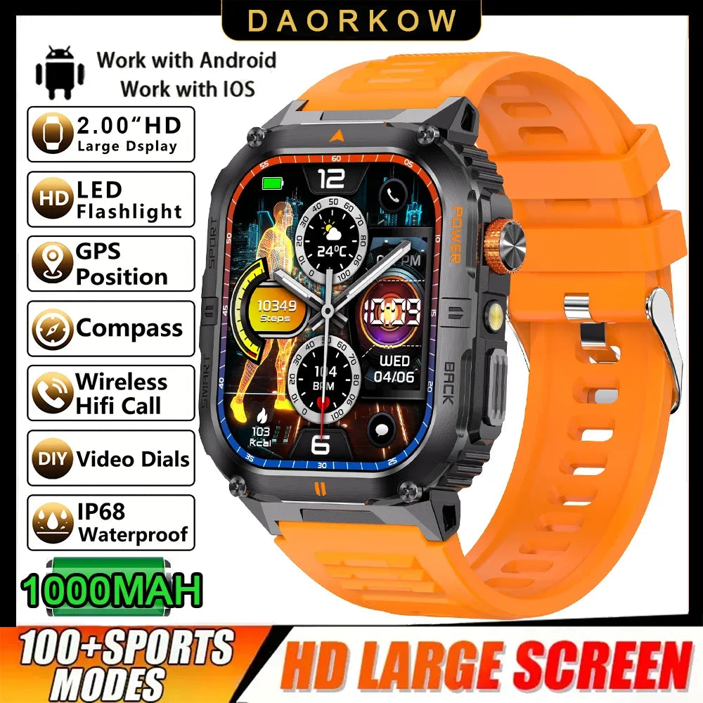 New 1000mAh military outdoor smartwatch for men, LED flashlight, IP68 waterproof, GPS sports, 2.01-inch Bluetooth call smartwatc - Wear444