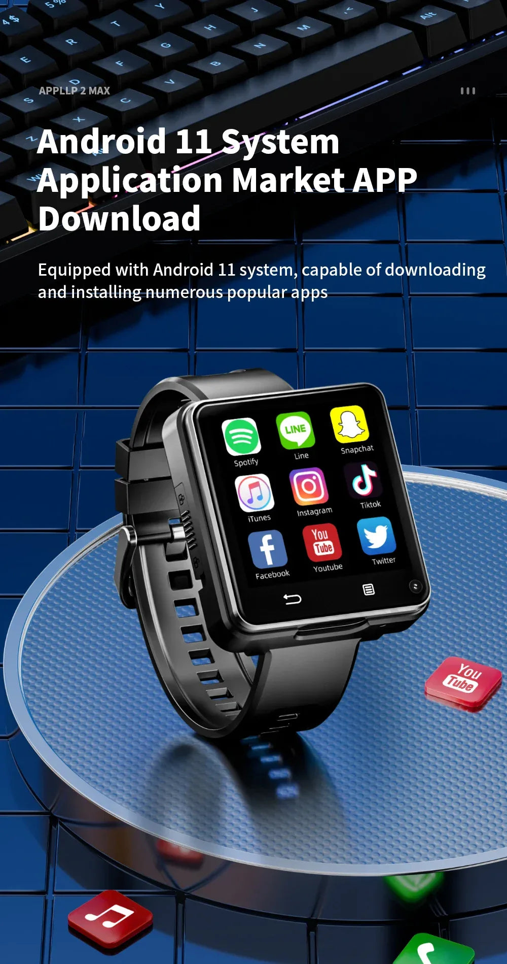 LOKMAT New APPLLP 2 MAX Dual Camera Android 11 Watch Phone Wifi Videos Calls Smart Watch Network Detachable Strap Mini Phone - Wear444