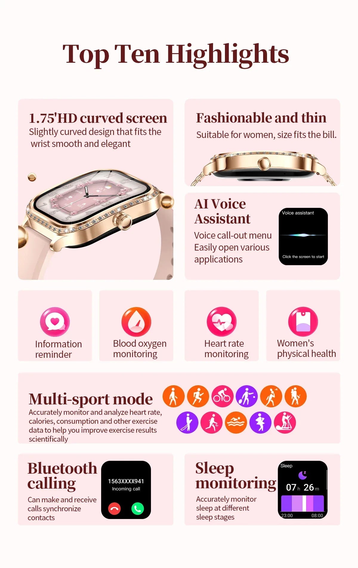 2026New Women Fashion Smartwatch HD Curved Screen Female Menstrual Tracking Waterproof Sports Fitness Bluetooth Call Smart Watch - Wear444