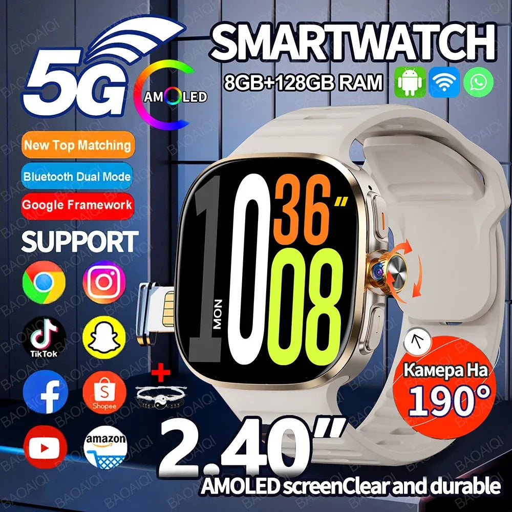 5G/4G Smart Watch 2.40 inch AMOLED 8GB+128GB RAM 2100mah Battery 900W Camera GPS WIFI Google APPS Download Android 10 Smartwatch - Wear444