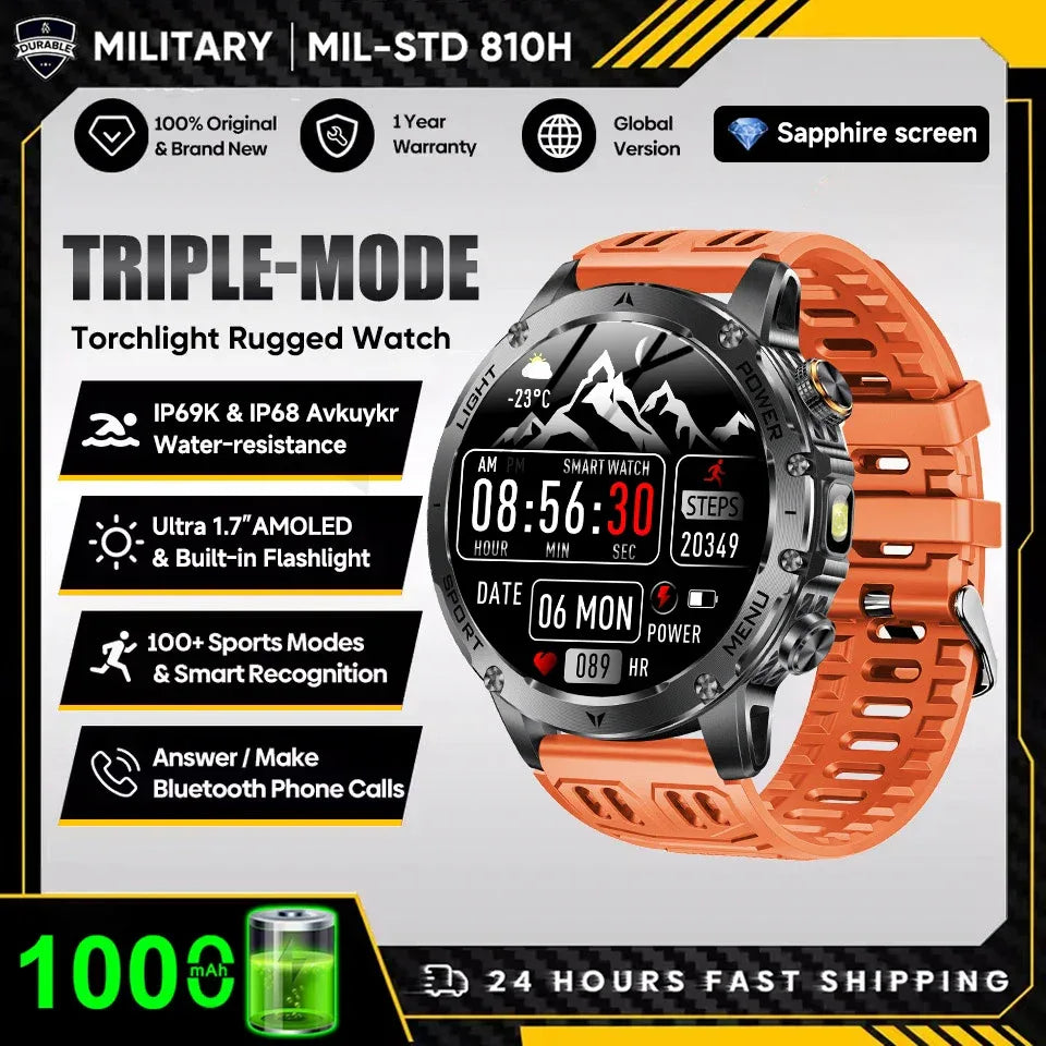 2025 New Military T-Rex 3 Ultra 1000mAh Battery Smart Watch 5ATM Waterproof Flashlight Heart Rate Sports tracker Smartwatch Men - Wear444