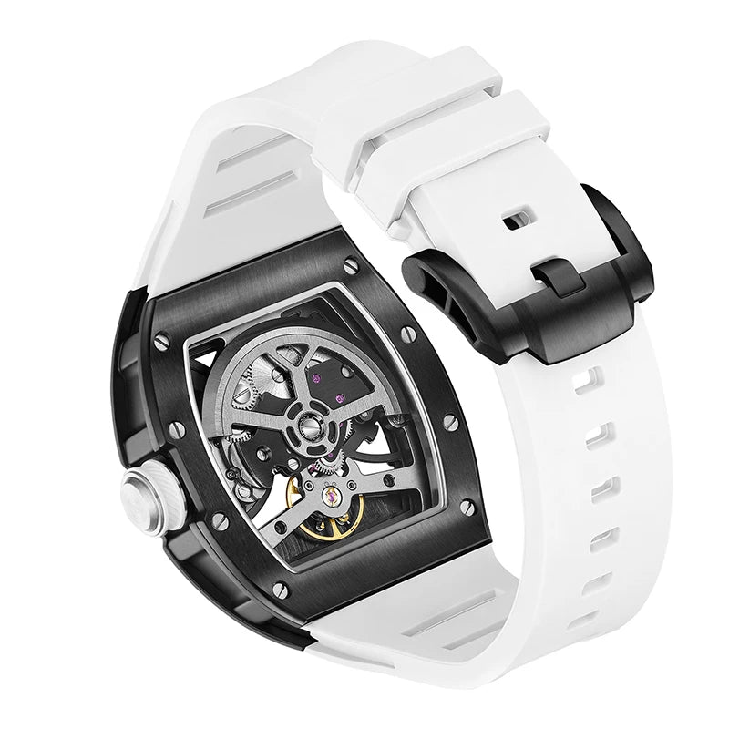 Men's Automatic Watches for Men Fashion Tonneau Mechanical Clock Earth Dial Waterproof Luxury Luminous Skeleton Mens WristWatch