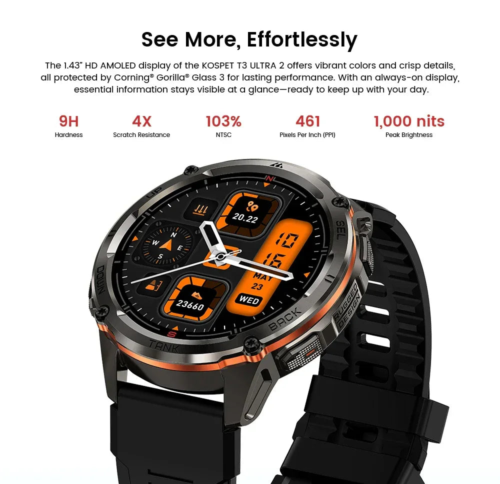 KOSPET TANK T3 Ultra 2 GPS Smart Watch for Men Bluetooth Call 5ATM IP69K Waterproof Men's Watch Stainless Steel Health Monitor - Wear444