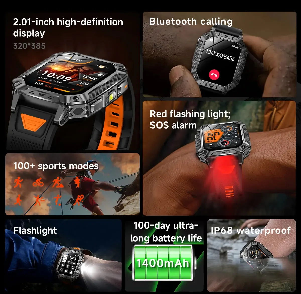 Robust military smart watch 1400Mah battery fitness tracking 10ATM waterproof tactical sports flashlight men's phone watch - Wear444