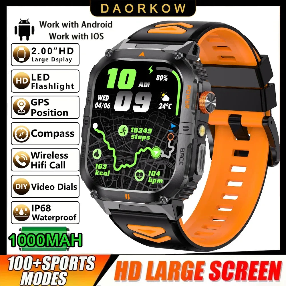 New 1000mAh military outdoor smartwatch for men, LED flashlight, IP68 waterproof, GPS sports, 2.01-inch Bluetooth call smartwatc - Wear444