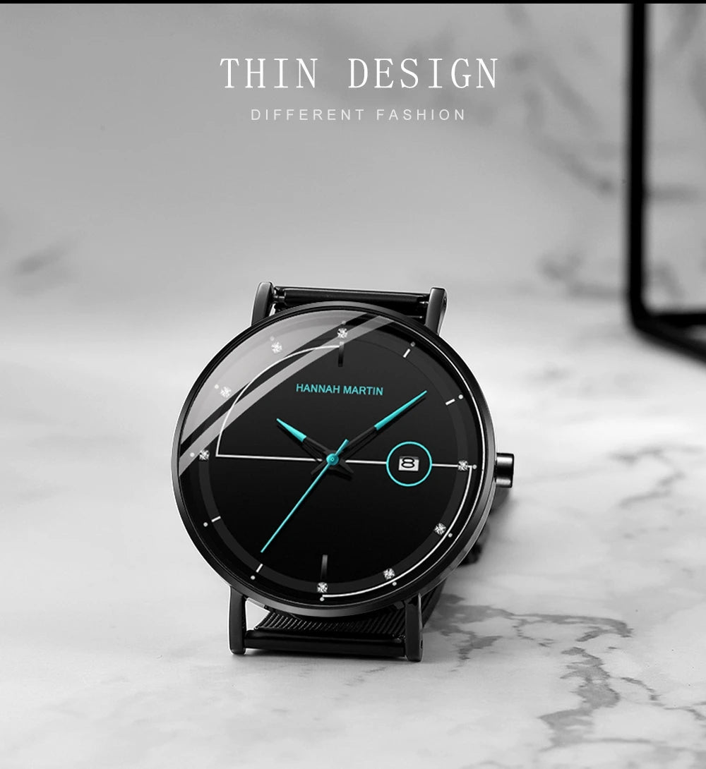 Top Men Quartz Watch With Japanese Movement Simple Blue Black Stainless Steel Mesh Belt Waterproof Travel Fashion Men Wristwatch