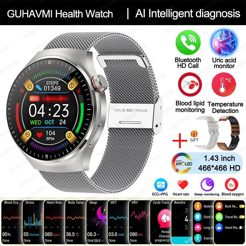 2025 New Nursing Grade Smart Watch Blood oxygen Blood Lipid Uric Acid ECG+PPG Body Temperature Bluetooth Call Health Smartwatch - Wear444