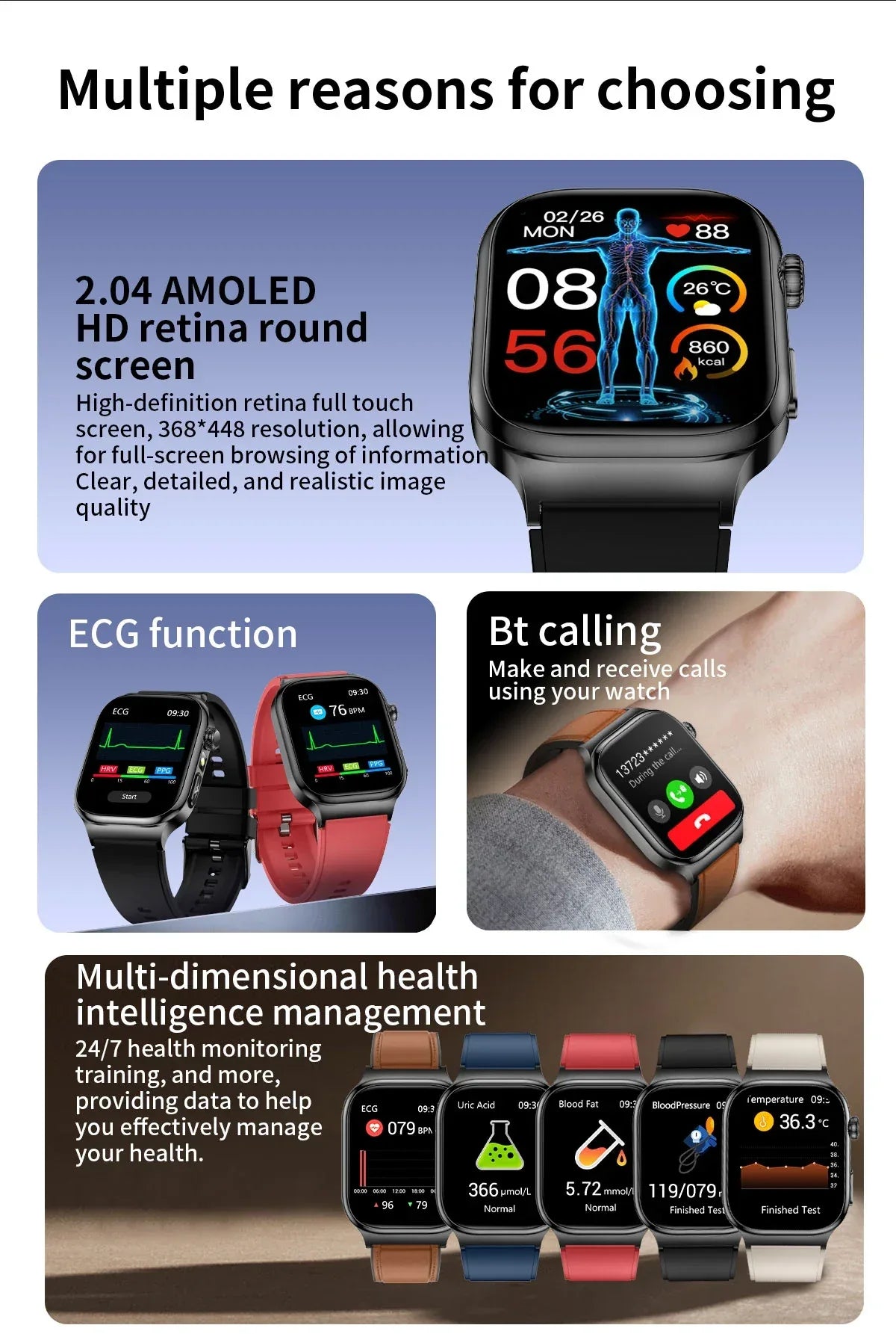 Accurate Measurement Health Smart Watch ECG+PPG Uric Acid Blood Pressure Blood Lipids BT Call Bluetooth Sport tracker Smartwatch - Wear444