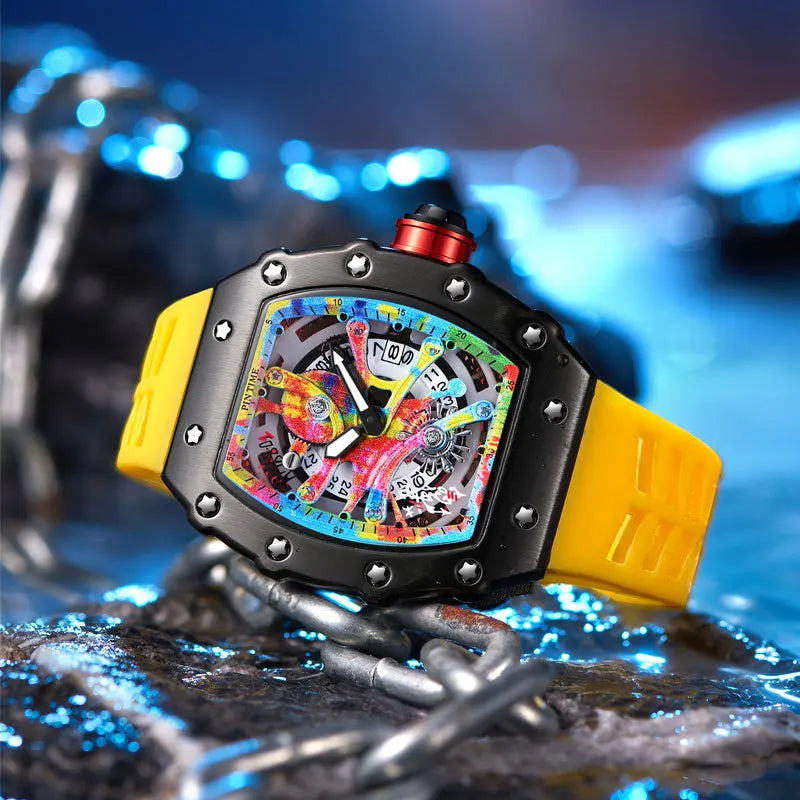 Fashion Mechanical Man Watches Classic Colorful RM Desgin Automatic Visable Wristwatch Causal Men Watch Rubber Strap Belt