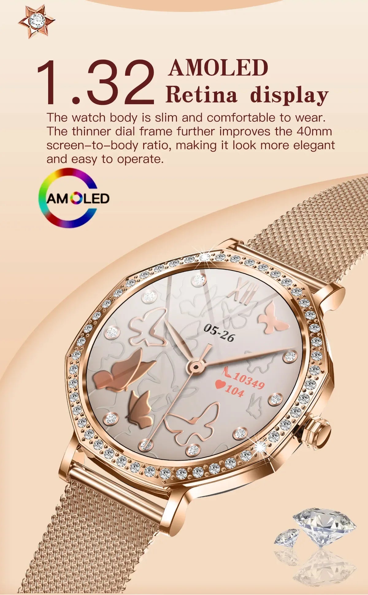 2025 New Ladies' Fashion Smartwatch Diamond Frame HD AMOLED Screen Bluetooth Call Health Monitoring Waterproof Smart Watch Gift - Wear444