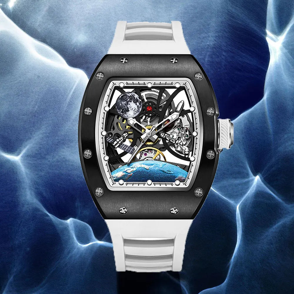 Men's Automatic Watches for Men Fashion Tonneau Mechanical Clock Earth Dial Waterproof Luxury Luminous Skeleton Mens WristWatch