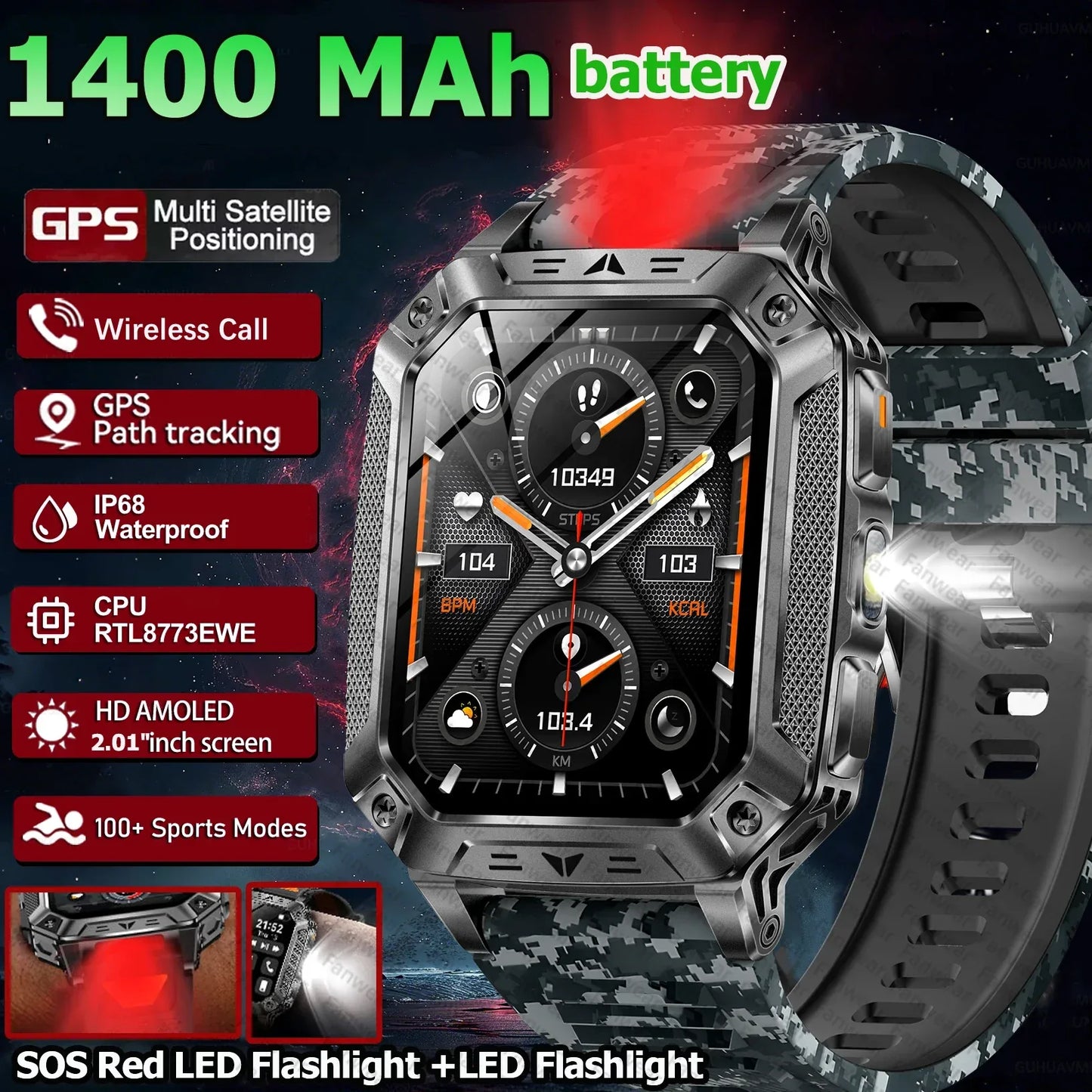 Robust military smart watch 1400Mah battery fitness tracking 10ATM waterproof tactical sports flashlight men's phone watch - Wear444