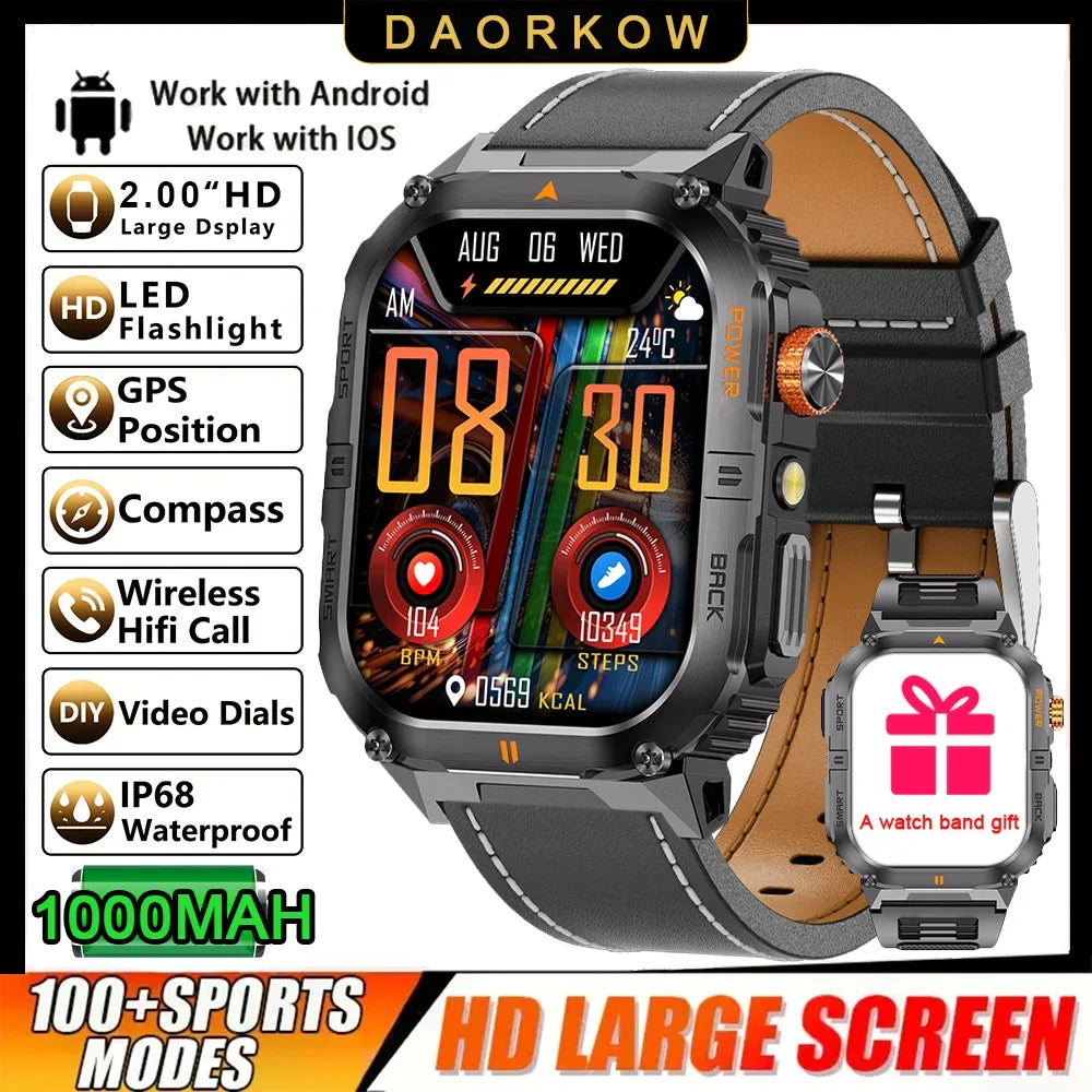 New 1000mAh military outdoor smartwatch for men, LED flashlight, IP68 waterproof, GPS sports, 2.01-inch Bluetooth call smartwatc - Wear444