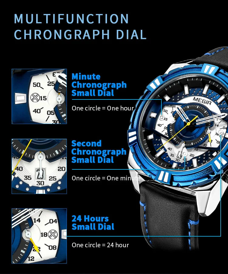MEGIR Luxury Chronograph Watch - Leather Belt Luminous Sports Business