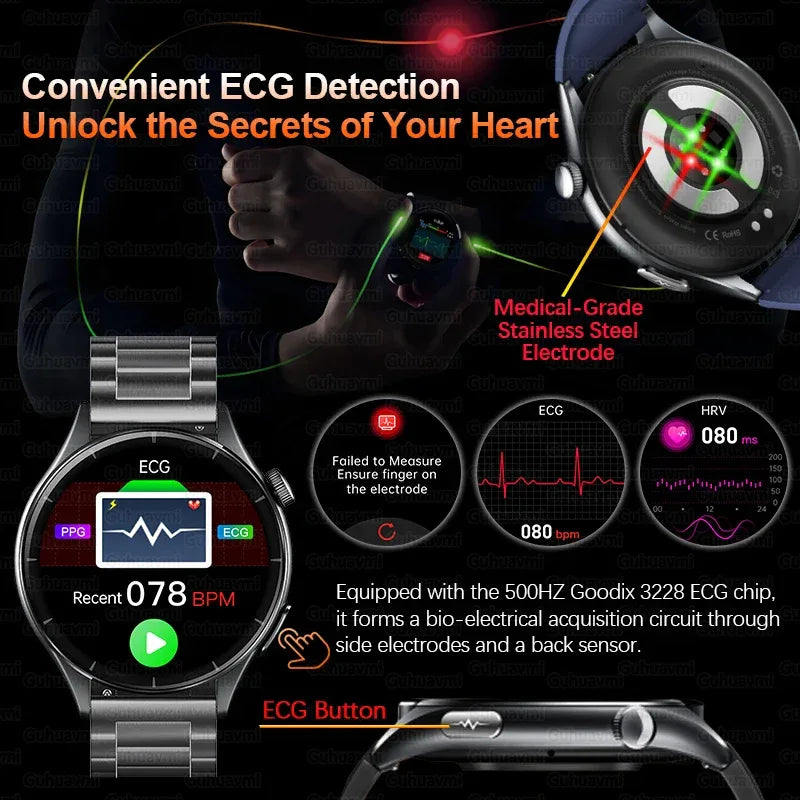 2025 New NFC+ECG+PPG Health Smart Watch BMI Fat Heart Rate Blood Pressure Watch 380mAh BT Call IP68 Waterproof Sports Bracelet - Wear444