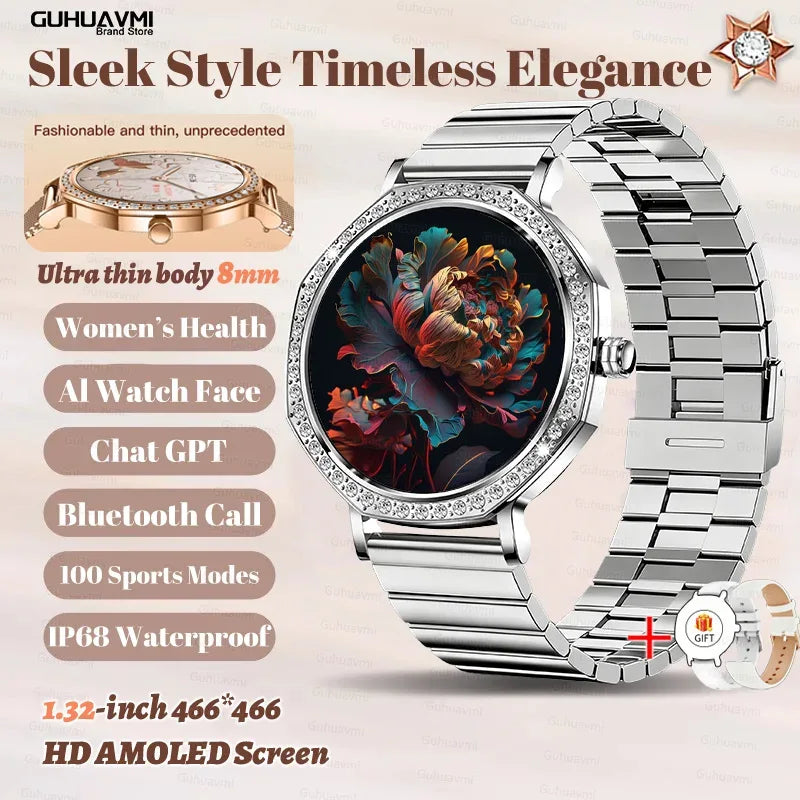 2025 New Ladies' Fashion Smartwatch Diamond Frame HD AMOLED Screen Bluetooth Call Health Monitoring Waterproof Smart Watch Gift - Wear444