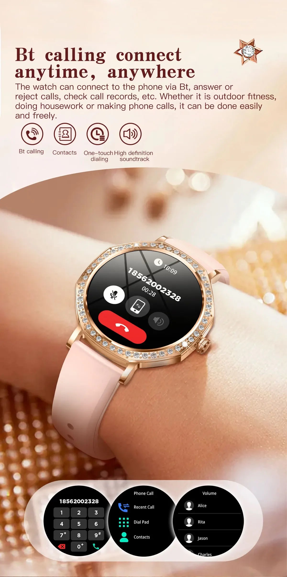 2025 New Ladies' Fashion Smartwatch Diamond Frame HD AMOLED Screen Bluetooth Call Health Monitoring Waterproof Smart Watch Gift - Wear444