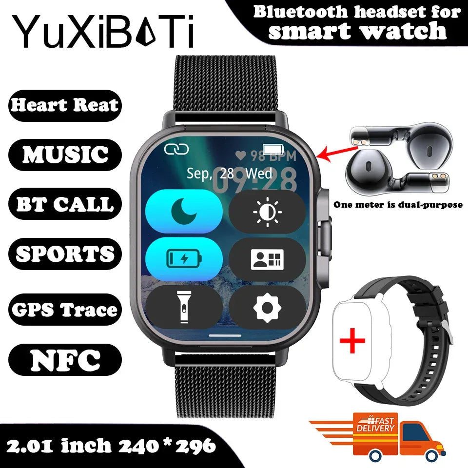 NFC Smart Watch TWS 2-in-1 Headset Bluetooth Call Heart Rate Blood Pressure Health Monitoring Headphones Play Music Smartwatch - Wear444