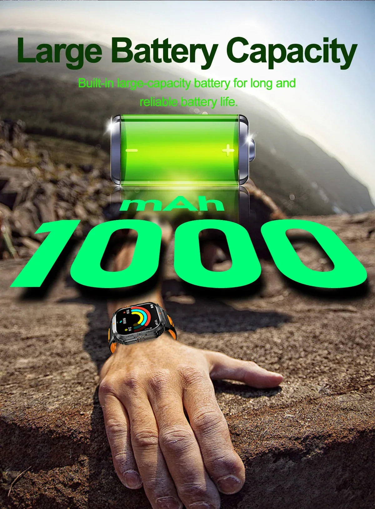 New 1000mAh military outdoor smartwatch for men, LED flashlight, IP68 waterproof, GPS sports, 2.01-inch Bluetooth call smartwatc - Wear444