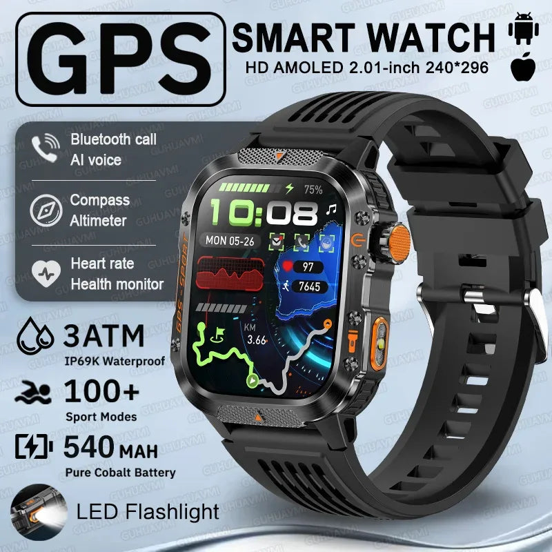 2025 New GPS Military Outdoor Sports Smart Watch Men 2.01-inch AMOLED 3ATM IP69K Waterproof Compass Call Swim Fitness Smartwatch - Wear444