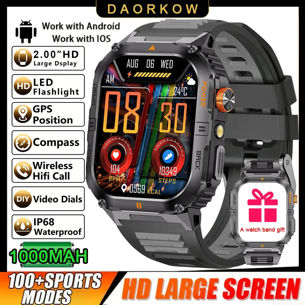 New 1000mAh military outdoor smartwatch for men, LED flashlight, IP68 waterproof, GPS sports, 2.01-inch Bluetooth call smartwatc - Wear444