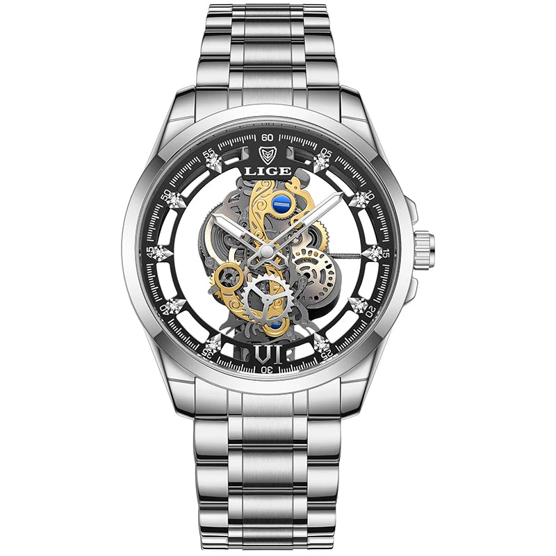 LIGE Fashion Quartz Watches For Men Gold Skeleton Retro Men Watch Top Brand Luxury Sport Waterproof Watch Men Relogios Masculino