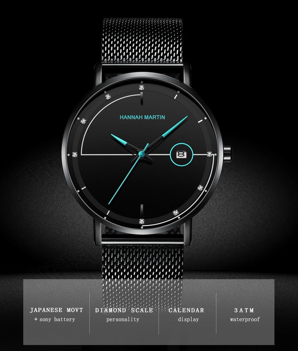 Top Men Quartz Watch With Japanese Movement Simple Blue Black Stainless Steel Mesh Belt Waterproof Travel Fashion Men Wristwatch