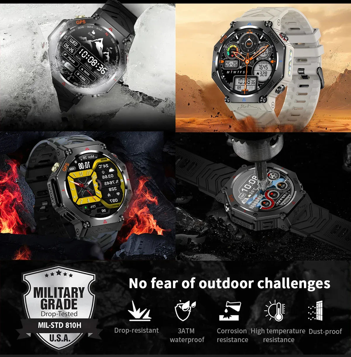 Military Smart Watch T-Rex 3 Bulit-in GPS Compass Altimeter Barometric 10ATM IP69K Waterproof AMOLED Bluetooth Call Smart watch - Wear444