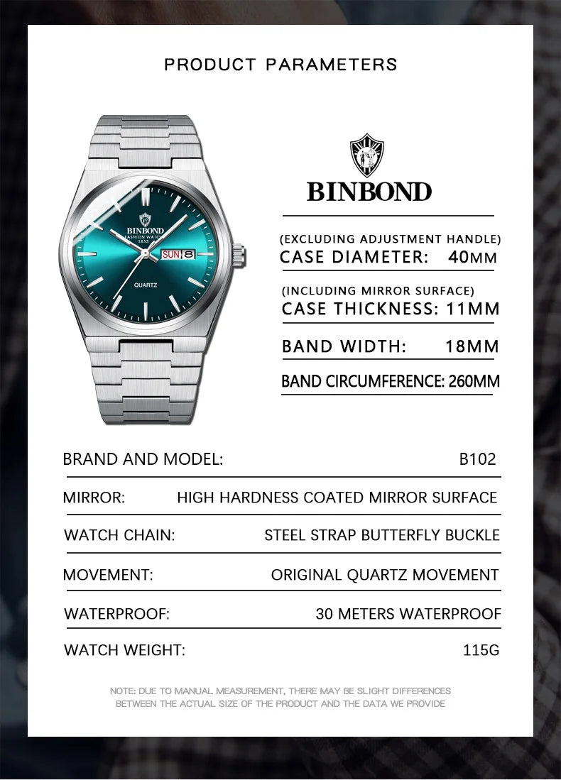 BINBOND Top Brand Luxury Men Quartz Watches Original Watch for Man Waterproof Luminous Date Week Stainless Steel Wristwatch Male