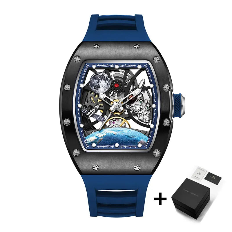 Men's Automatic Watches for Men Fashion Tonneau Mechanical Clock Earth Dial Waterproof Luxury Luminous Skeleton Mens WristWatch