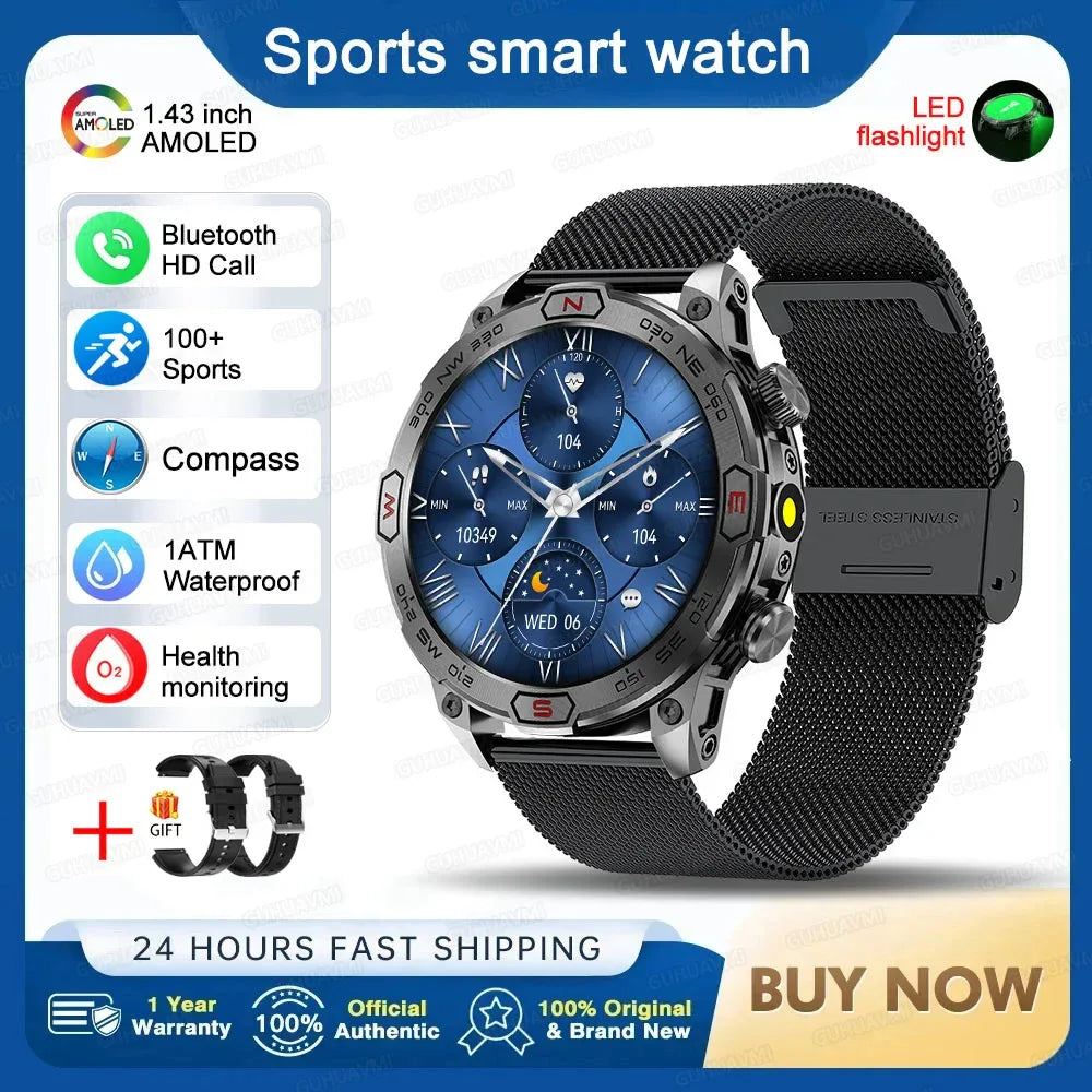2025New Smart Watch AMOLED Screen GPS Sport Fitness Waterproof LED Lights Compass HD Call Call Smartwatch For Android iOS man - Wear444