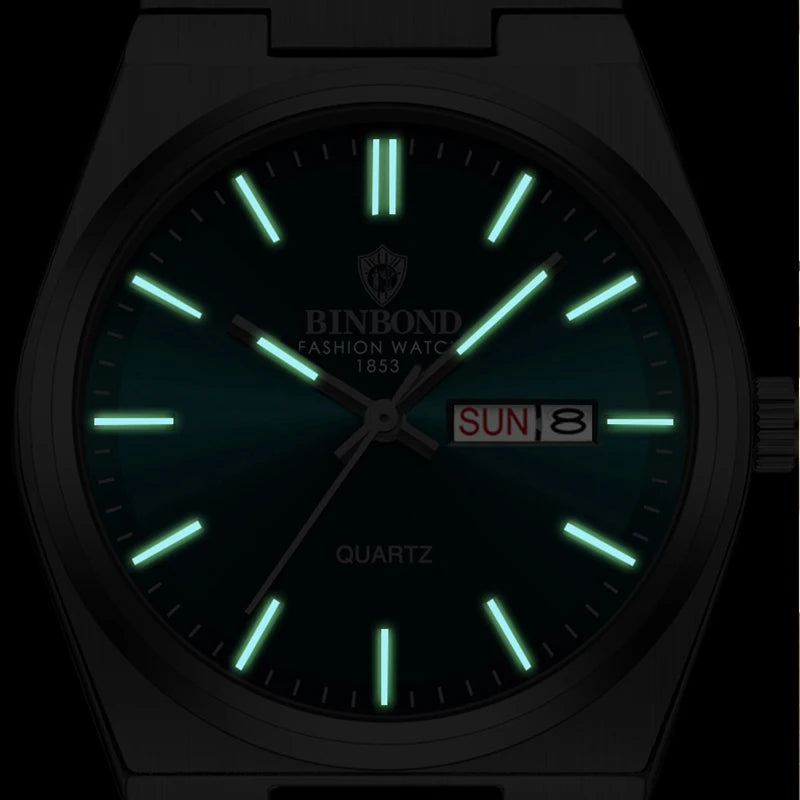 BINBOND Top Brand Luxury Men Quartz Watches Original Watch for Man Waterproof Luminous Date Week Stainless Steel Wristwatch Male