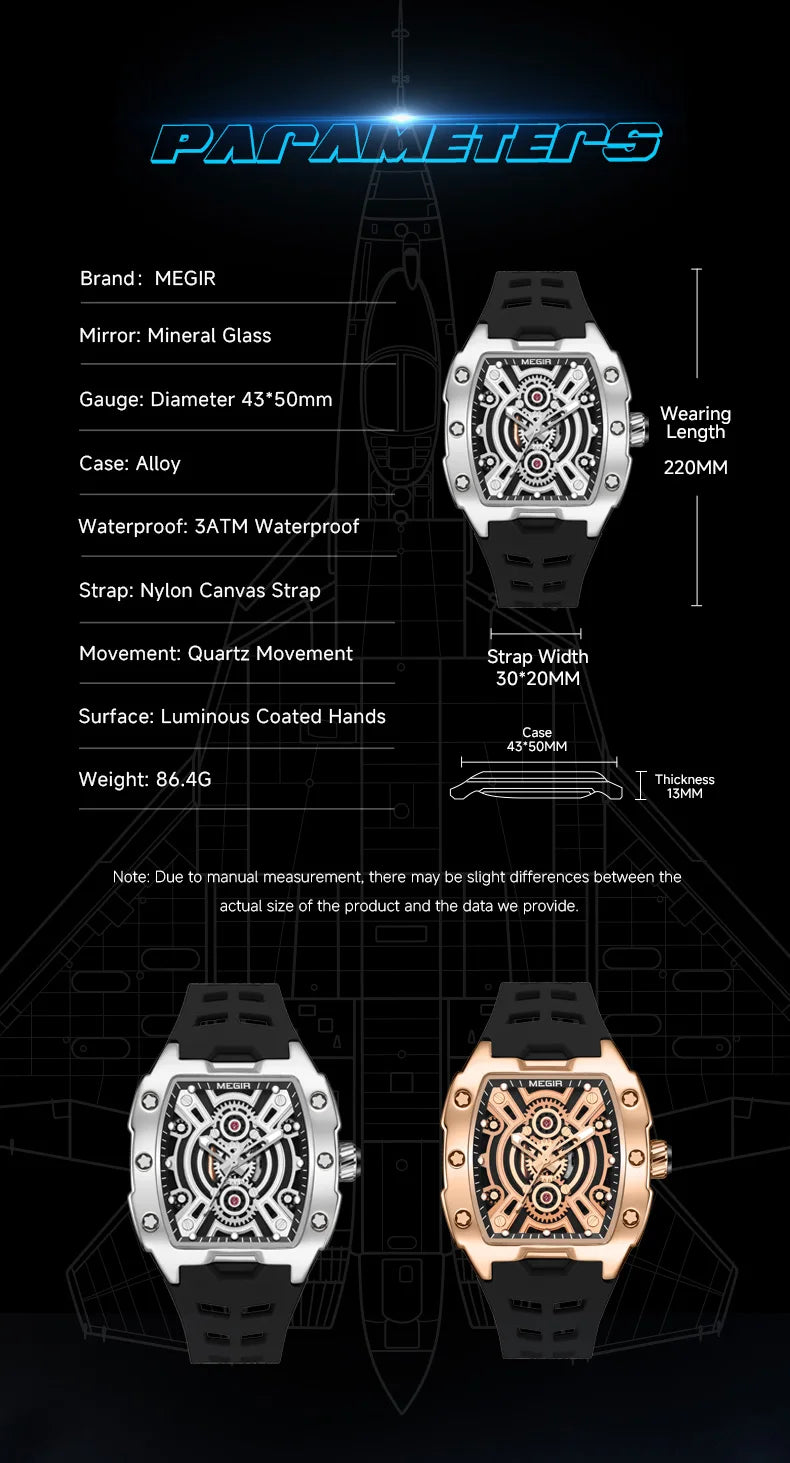 MEGIR Fashion Sport Quartz Watch for Men Tonneau Case Waterproof Luminous Hands Wristwatch with Silicone Strap Hollowed-out Dial