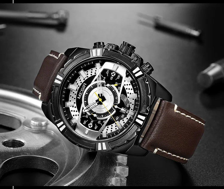 MEGIR Luxury Chronograph Watch - Leather Belt Luminous Sports Business