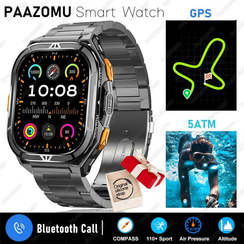2025 New GPS Smart Watch Men 1.96-inch HD AMOLED Screen Compass Bluetooth Call 5ATM Waterproof Sport Smart Watch for Android iOS - Wear444