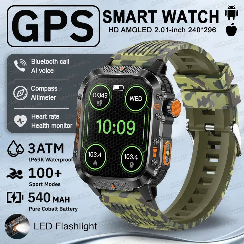 2025 New GPS Military Outdoor Sports Smart Watch Men 2.01-inch AMOLED 3ATM IP69K Waterproof Compass Call Swim Fitness Smartwatch - Wear444