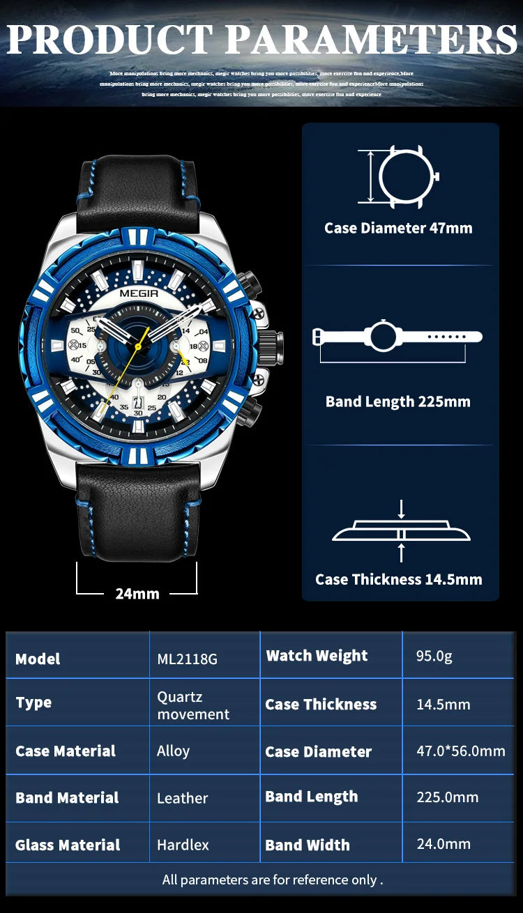 MEGIR Luxury Chronograph Watch - Leather Belt Luminous Sports Business