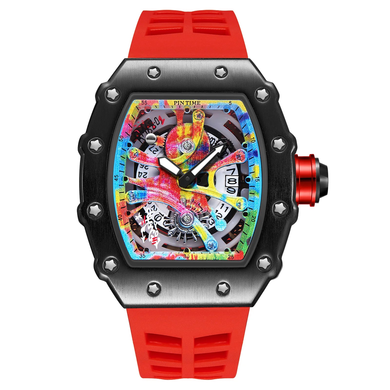 Fashion Mechanical Man Watches Classic Colorful RM Desgin Automatic Visable Wristwatch Causal Men Watch Rubber Strap Belt