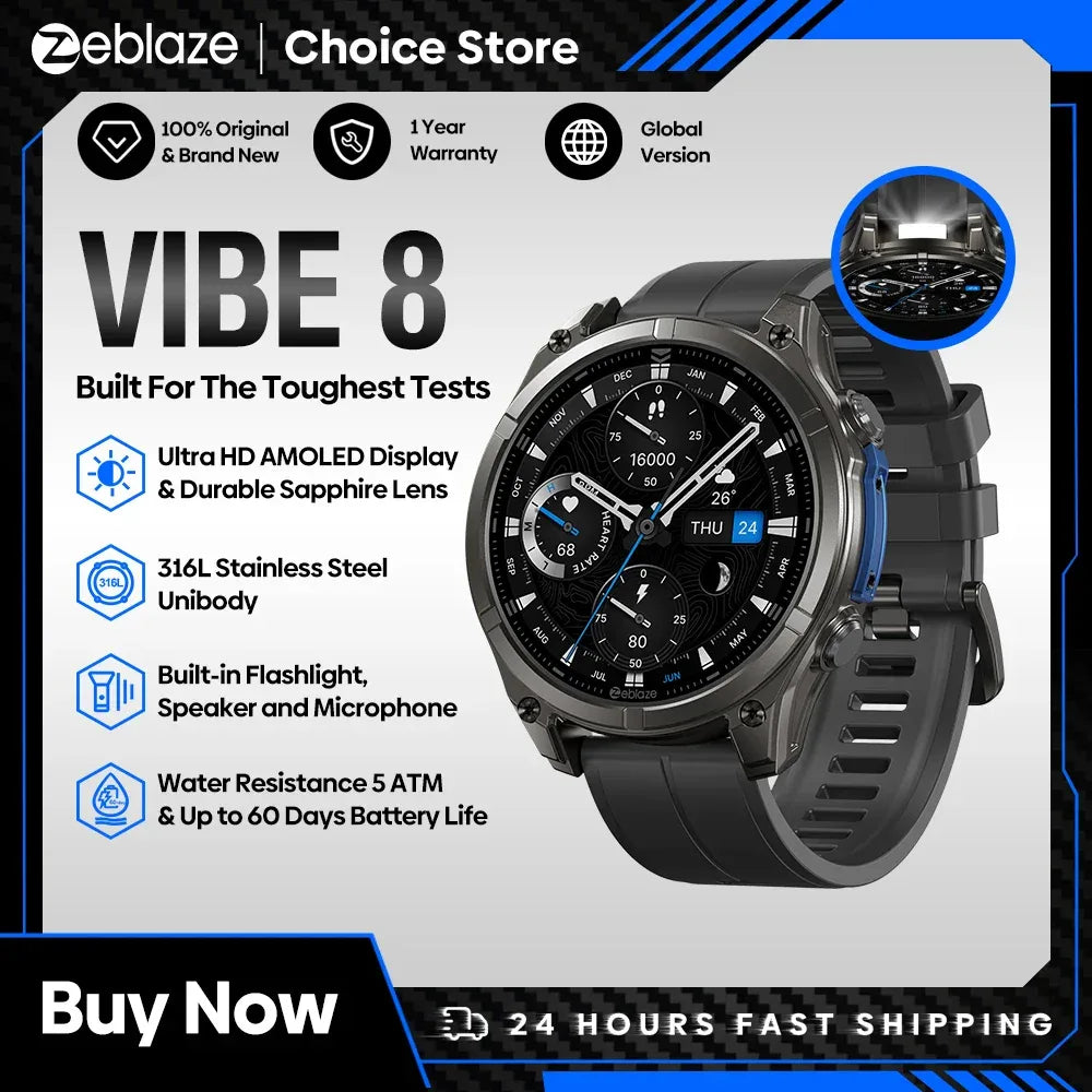 New Zeblaze VIBE 8 AMOLED Display Built-in Flashlight Smartwatch Sapphire Lens Make/Receive Calls HR/BP Monitoring Smart Watch - Wear444