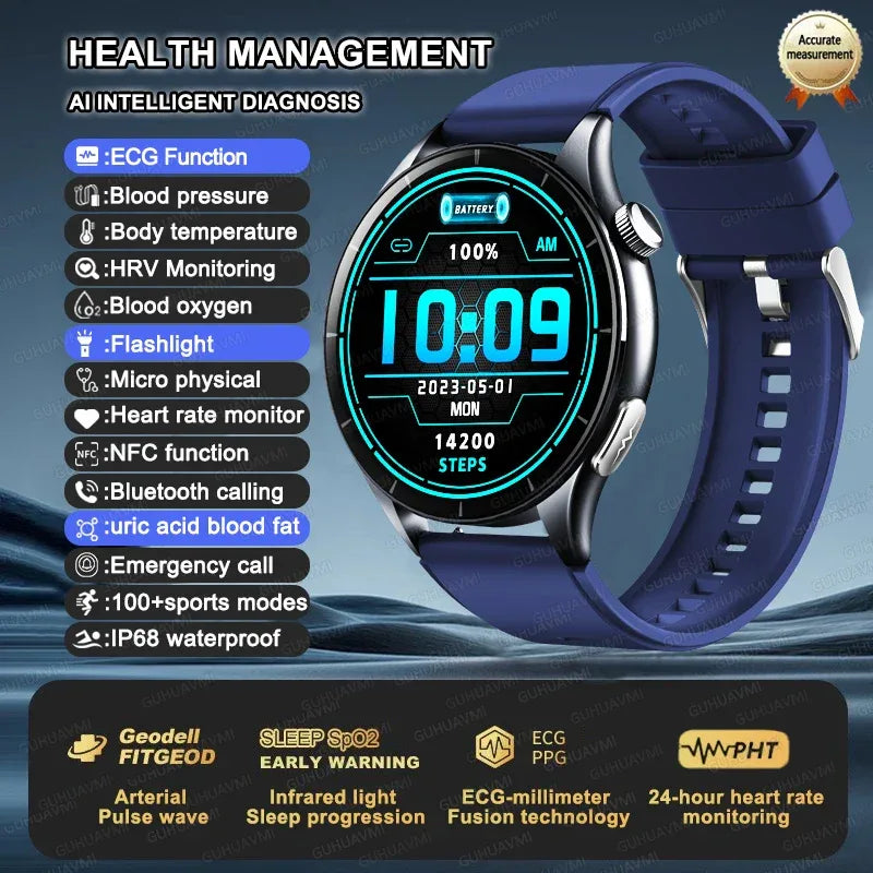 2025 New NFC+ECG+PPG Health Smart Watch BMI Fat Heart Rate Blood Pressure Watch 380mAh BT Call IP68 Waterproof Sports Bracelet - Wear444