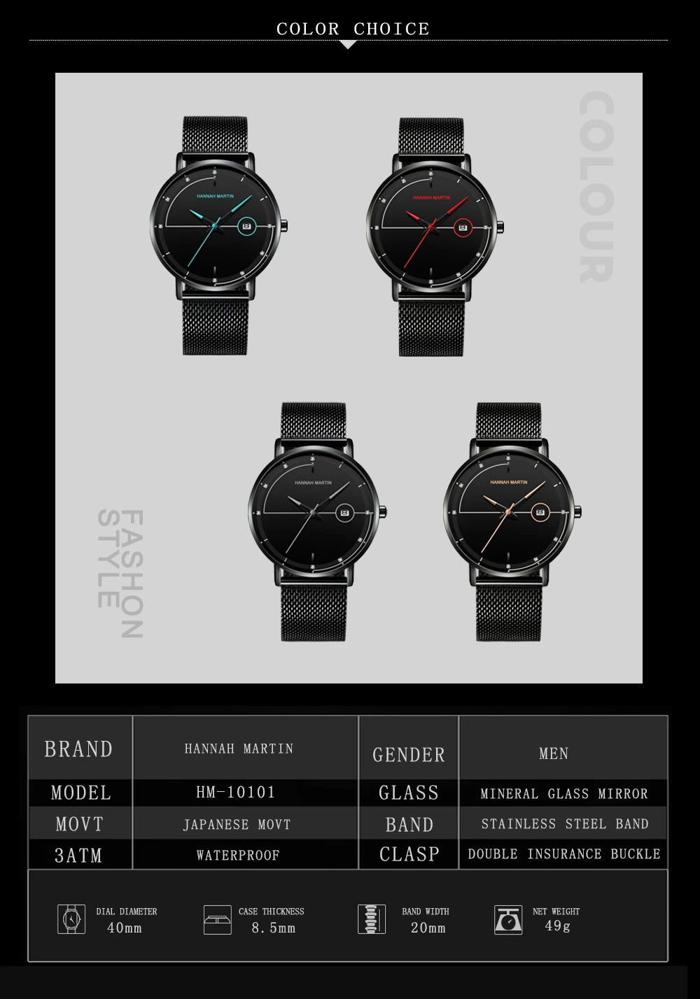 Top Men Quartz Watch With Japanese Movement Simple Blue Black Stainless Steel Mesh Belt Waterproof Travel Fashion Men Wristwatch