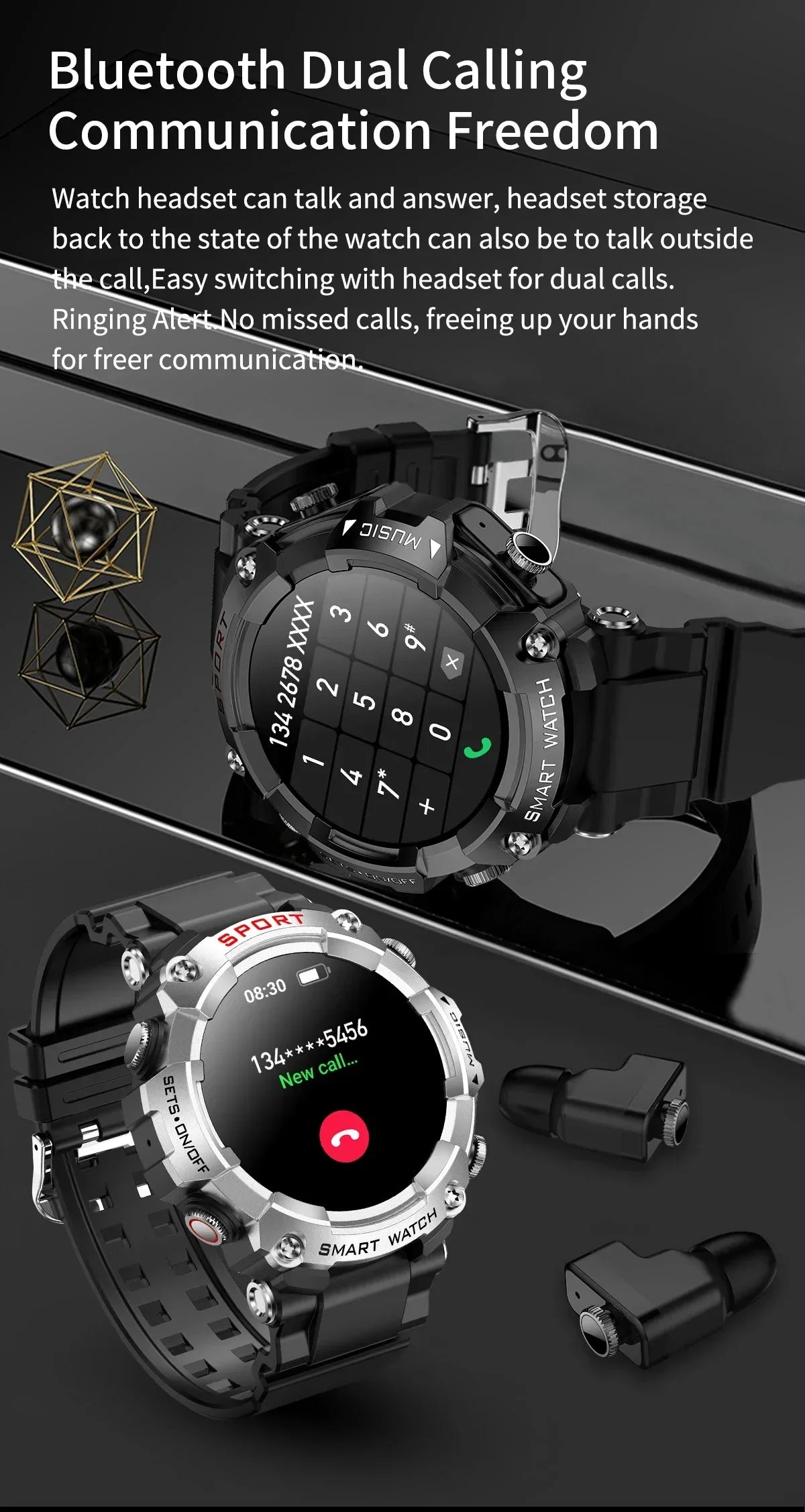 Rainbuvvy T96 TWS Smart Watch Earphone 1.52inch Amoled 3 IN 1 Local Music Player Wireless Headset BT Call Earbuds Smartwatch - Wear444