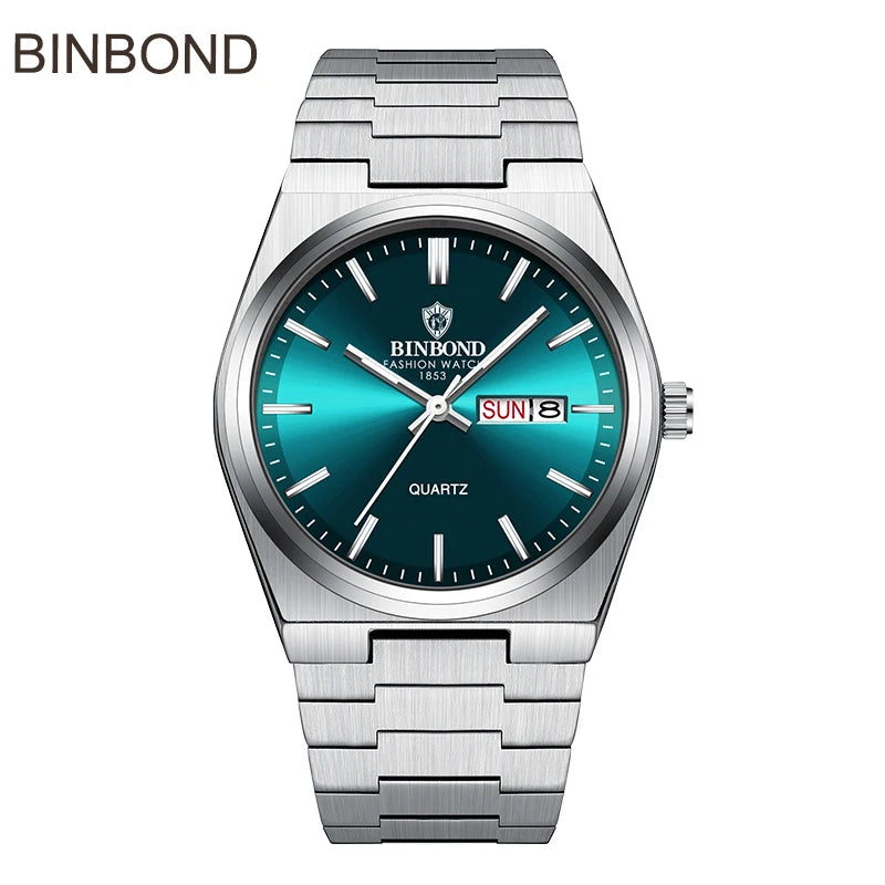 BINBOND Top Brand Luxury Men Quartz Watches Original Watch for Man Waterproof Luminous Date Week Stainless Steel Wristwatch Male