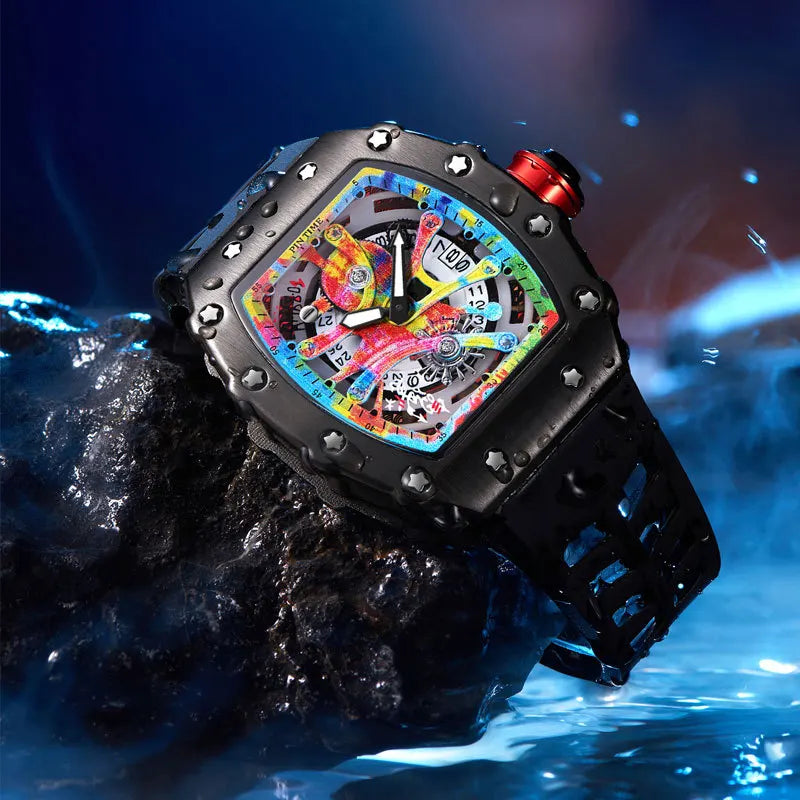 Fashion Mechanical Man Watches Classic Colorful RM Desgin Automatic Visable Wristwatch Causal Men Watch Rubber Strap Belt