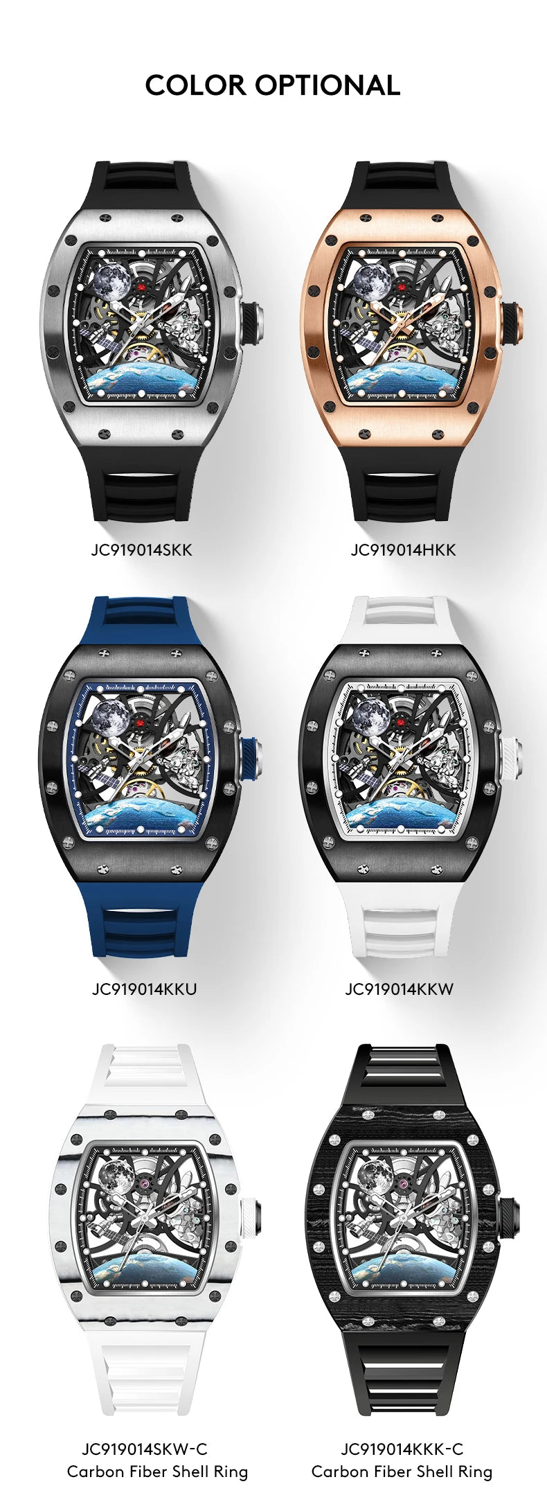 Men's Automatic Watches for Men Fashion Tonneau Mechanical Clock Earth Dial Waterproof Luxury Luminous Skeleton Mens WristWatch
