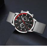 Mens Fashion Sports Watches Men Business Casual Quartz Wrist Watch Luxury Silvery Mesh Belt Watch