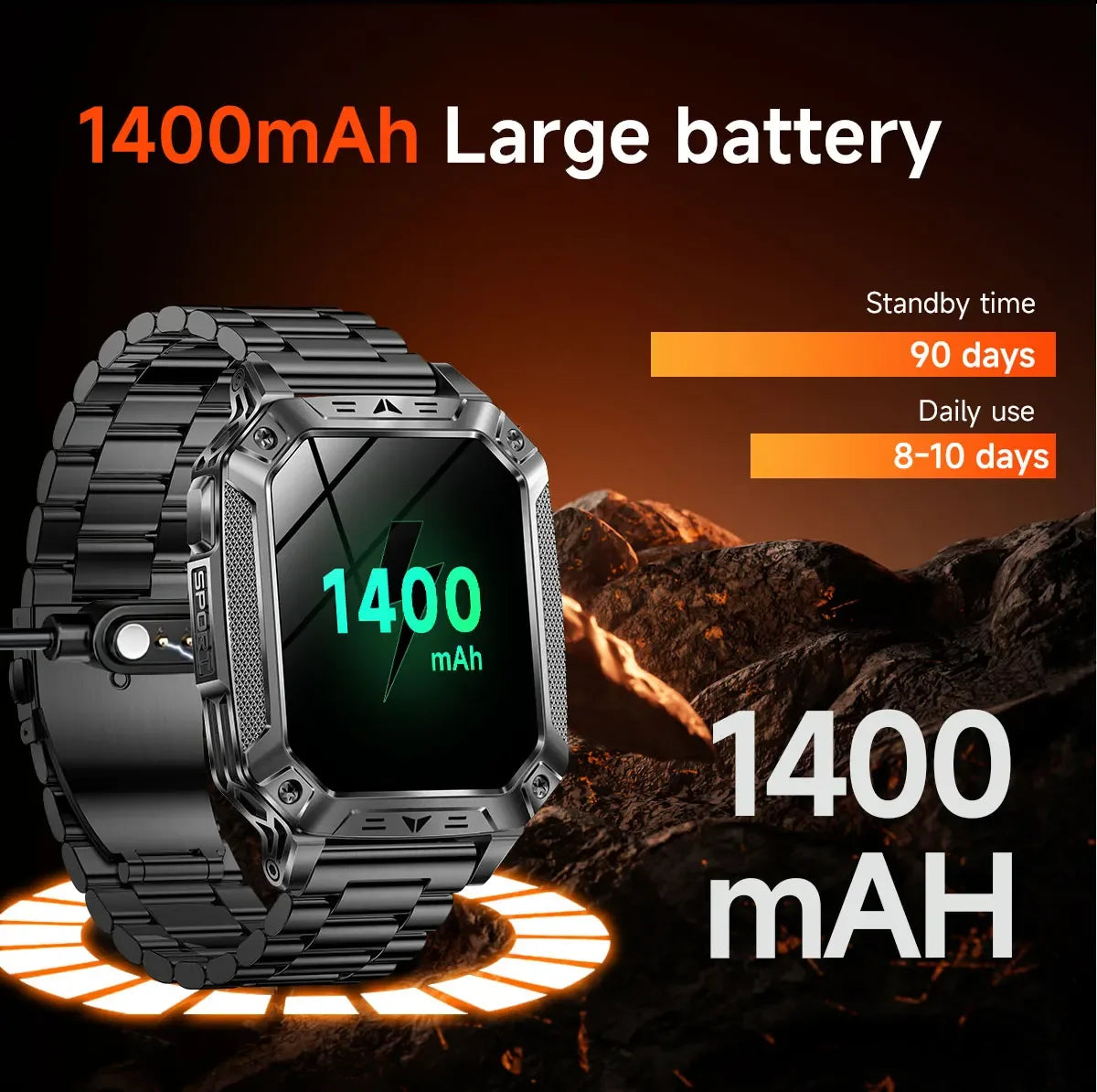 Robust military smart watch 1400Mah battery fitness tracking 10ATM waterproof tactical sports flashlight men's phone watch - Wear444