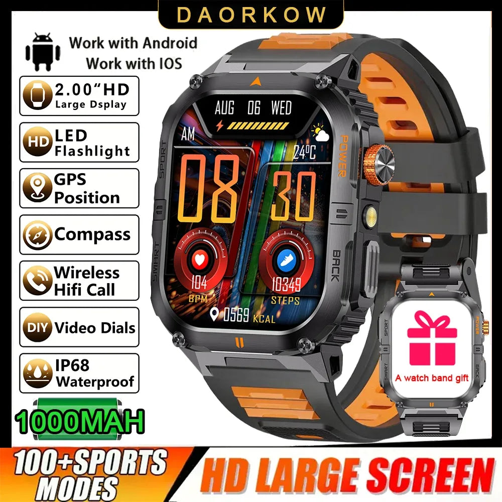 New 1000mAh military outdoor smartwatch for men, LED flashlight, IP68 waterproof, GPS sports, 2.01-inch Bluetooth call smartwatc - Wear444