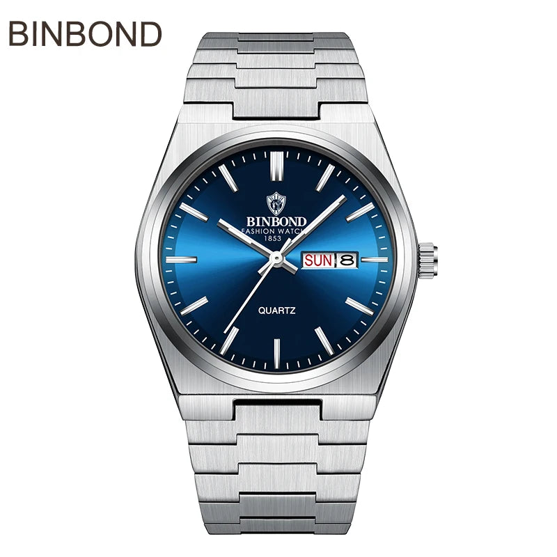 BINBOND Top Brand Luxury Men Quartz Watches Original Watch for Man Waterproof Luminous Date Week Stainless Steel Wristwatch Male