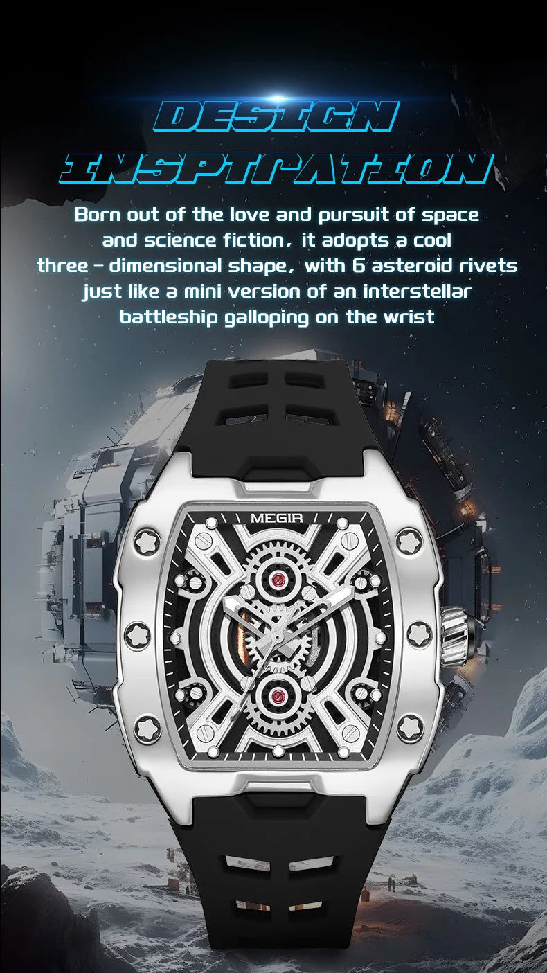 MEGIR Fashion Sport Quartz Watch for Men Tonneau Case Waterproof Luminous Hands Wristwatch with Silicone Strap Hollowed-out Dial